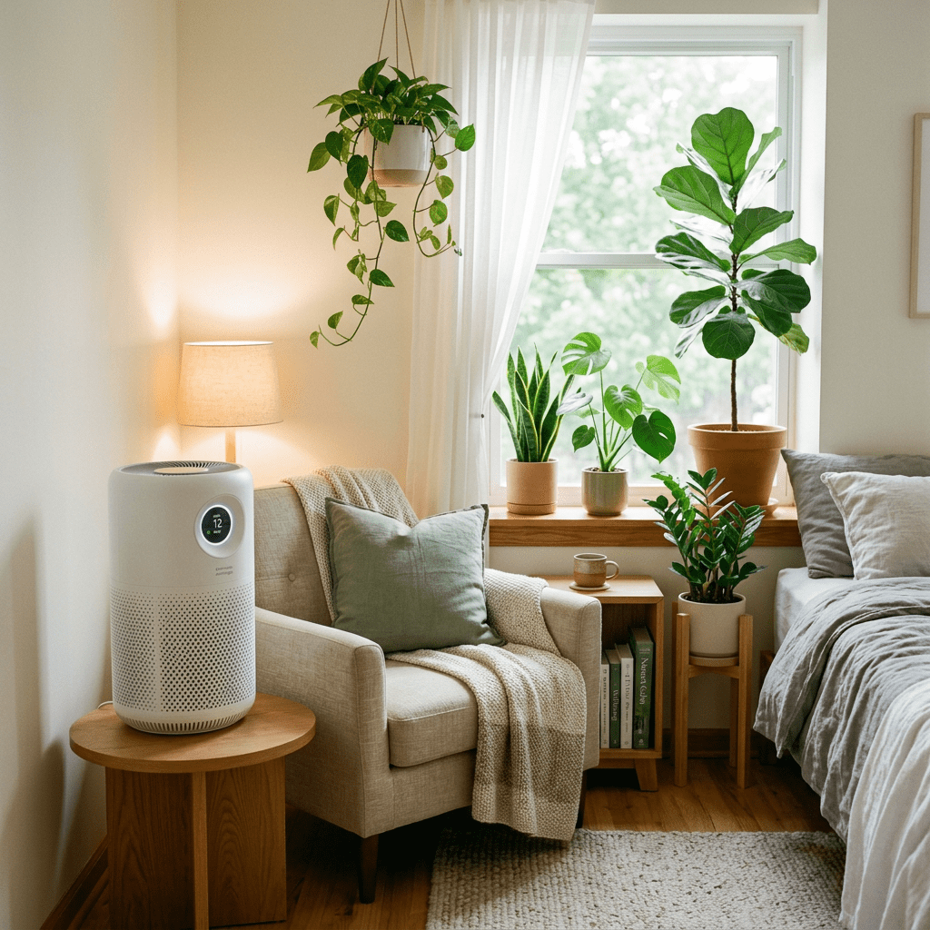 Cozy bedroom corner with armchair, air purifier on wooden side table, and multiple indoor plants near a window