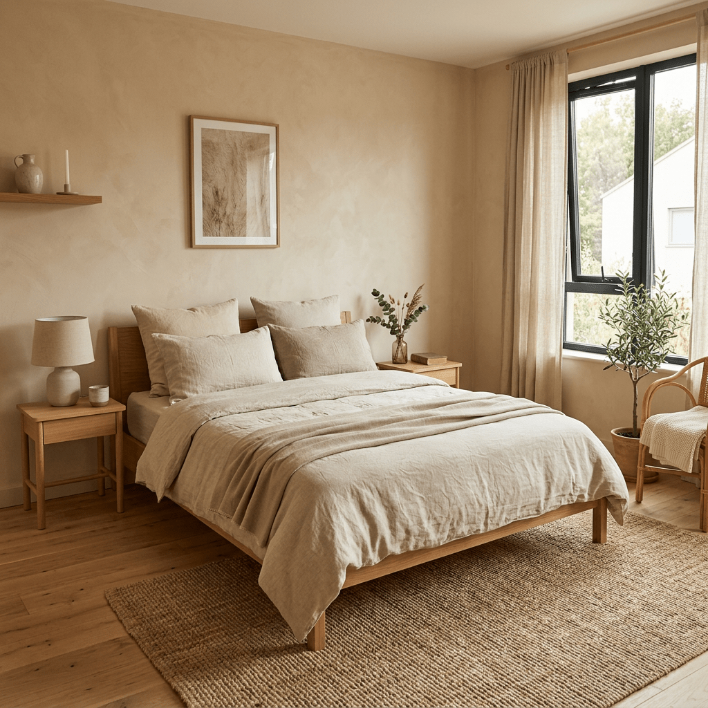 Bedroom with beige bedding, wooden furniture, and natural light from window