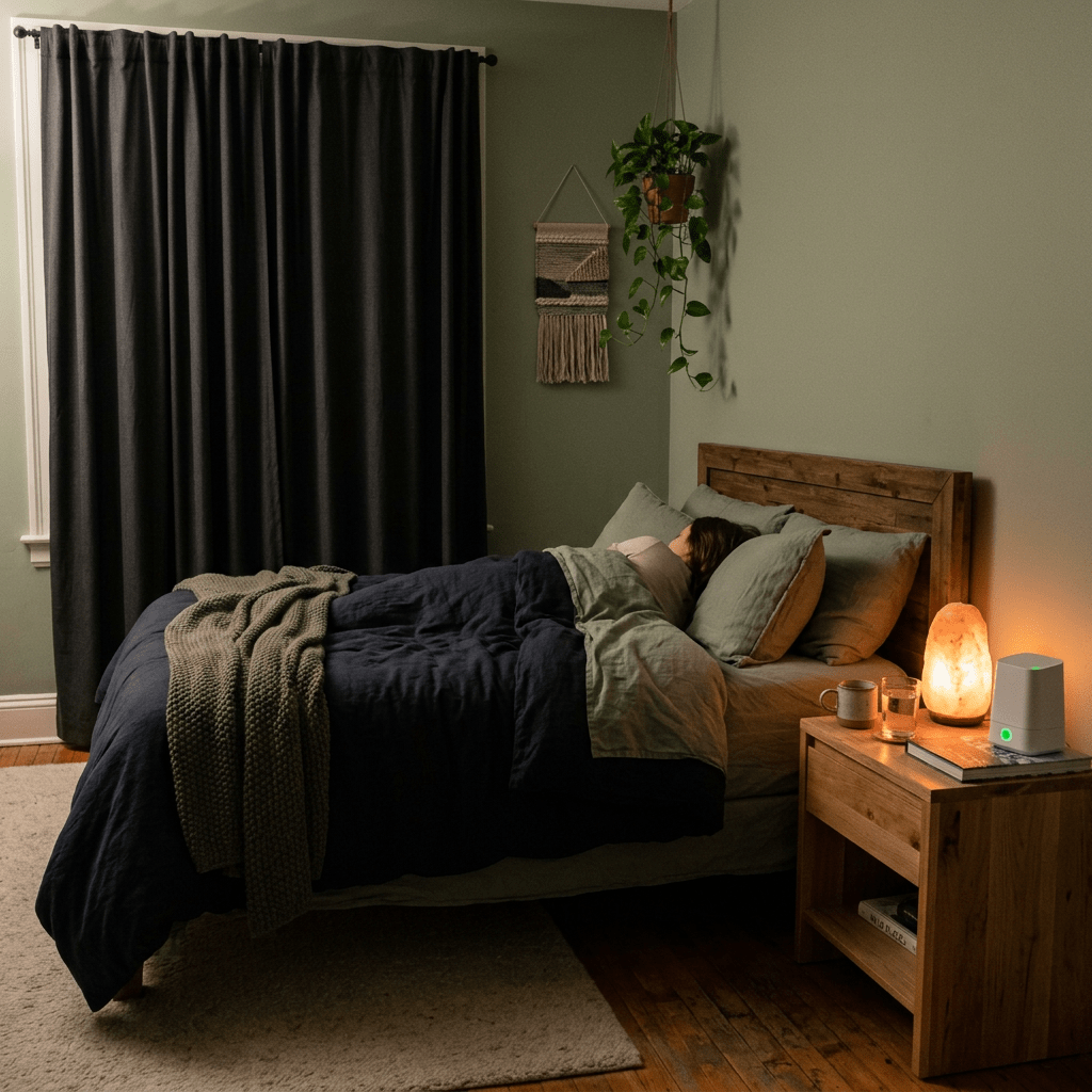 Tranquil bedroom with blackout curtains, salt lamp, sound machine