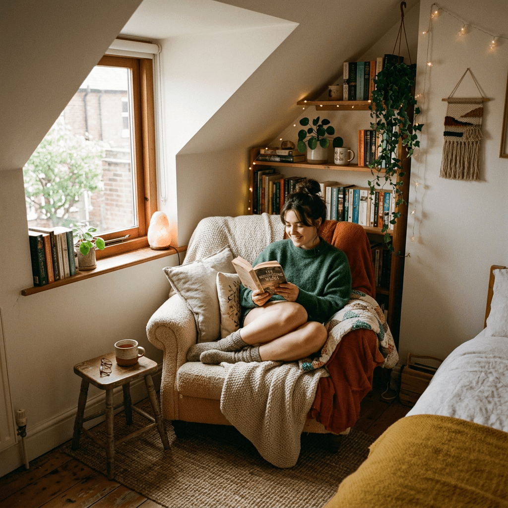 Person sitting in a cozy armchair reading a book in a small attic room with bookshelves and plants