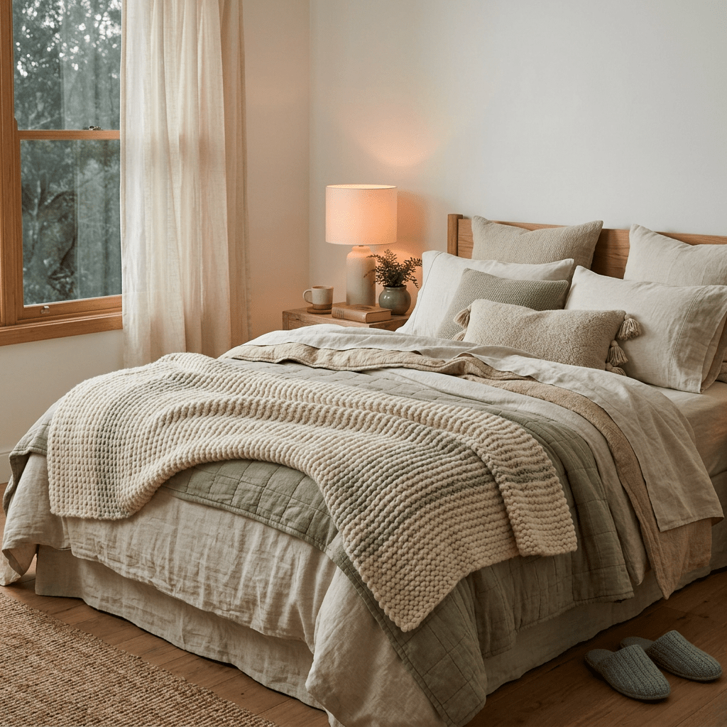 Bed with beige, white, and green bedding, pillows, bedside lamp, and slippers