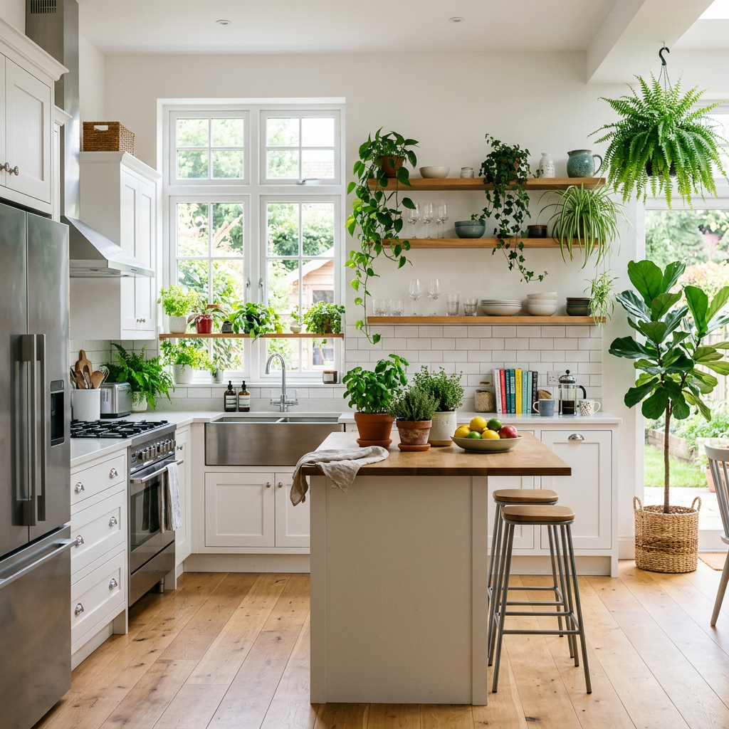 bright modern kitchen with white cabinets, wooden countertops, stainless steel appliances, and many green plants