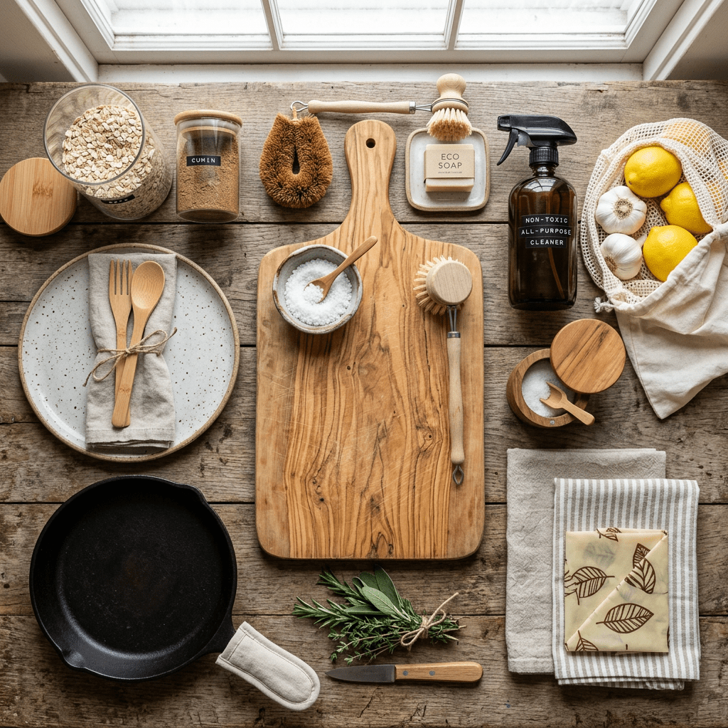 Eco-friendly kitchen tools with wooden cutting board, cleaning brush, natural soap, lemons, herbs, and cast iron pan