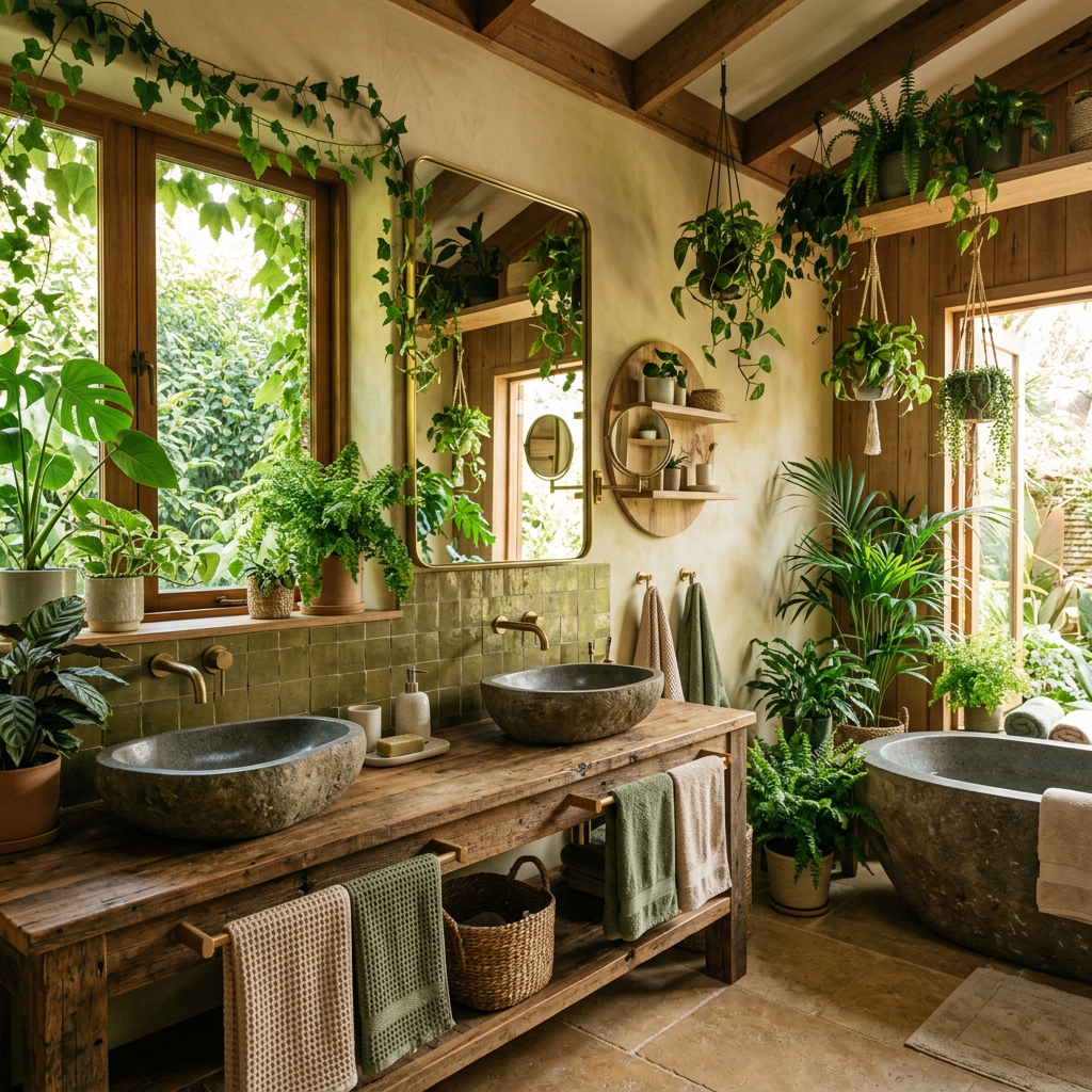 Rustic bathroom with stone sinks, bathtub, wooden countertop, and numerous green plants