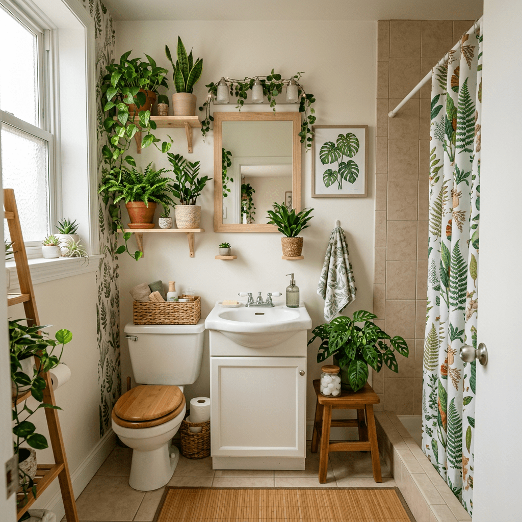 Bathroom featuring a white sink and toilet, wooden accents, multiple green potted plants, and leafy patterned shower curtain