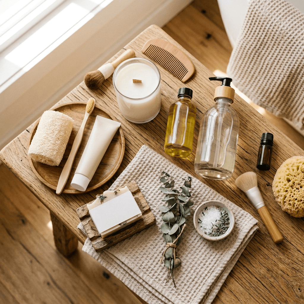 Natural skincare and wellness products including soap, hand wash, body oil, toothbrush, loofah, candle, and dried eucalyptus on a wooden table