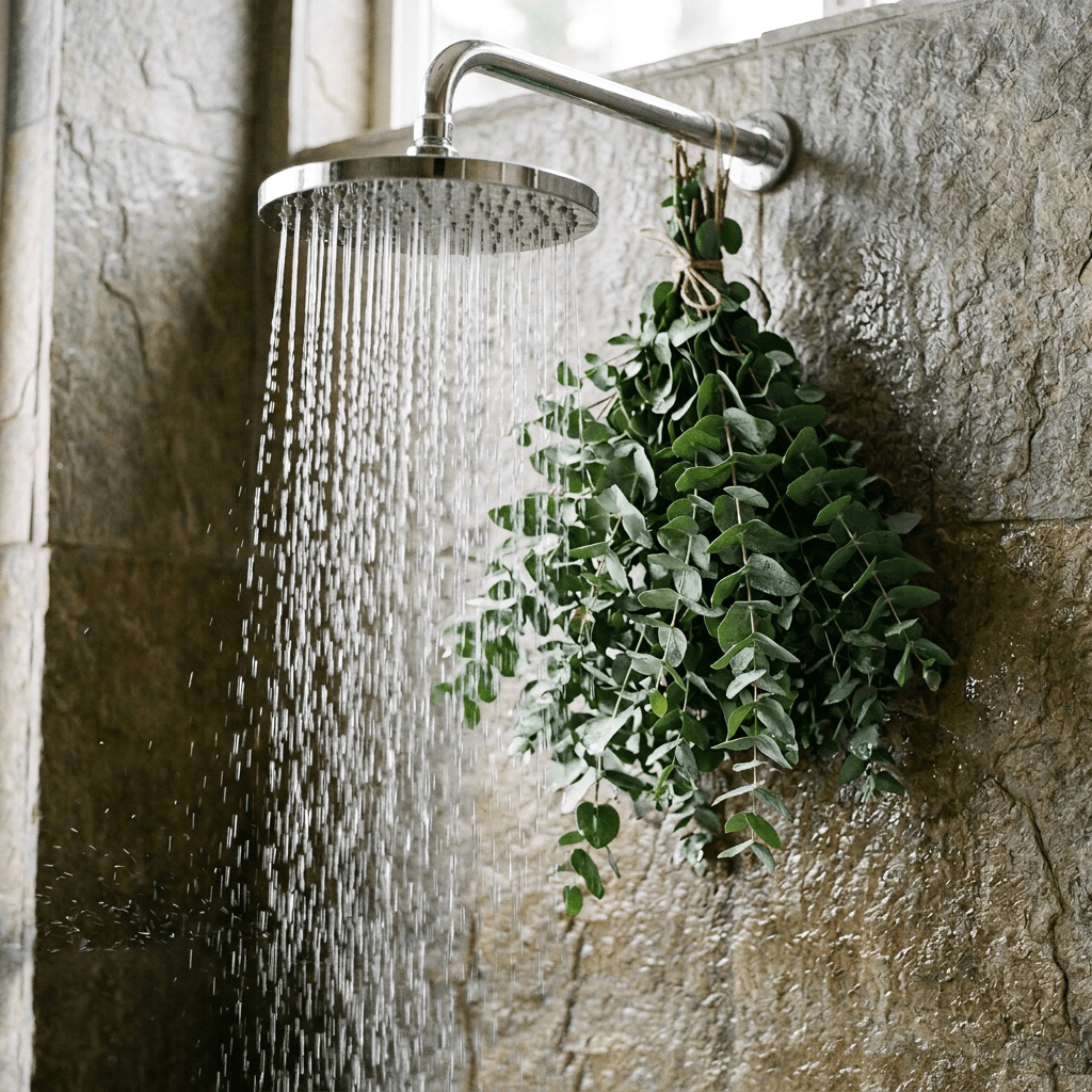 Showerhead spraying water next to a tied bundle of eucalyptus leaves hanging on a stone wall