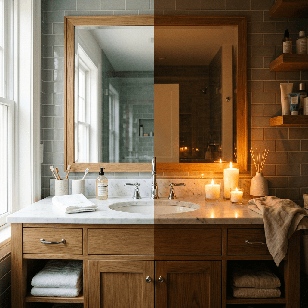 Bathroom sink with mirror, toothbrushes, soap, and candles split between day and night lighting