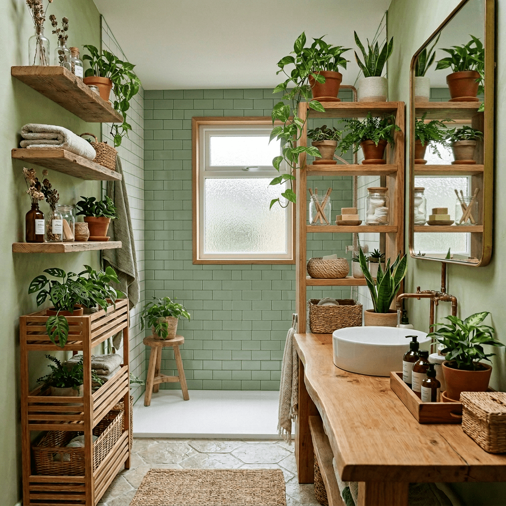 Bathroom with wooden shelves, sink, and many potted green plants under soft natural light