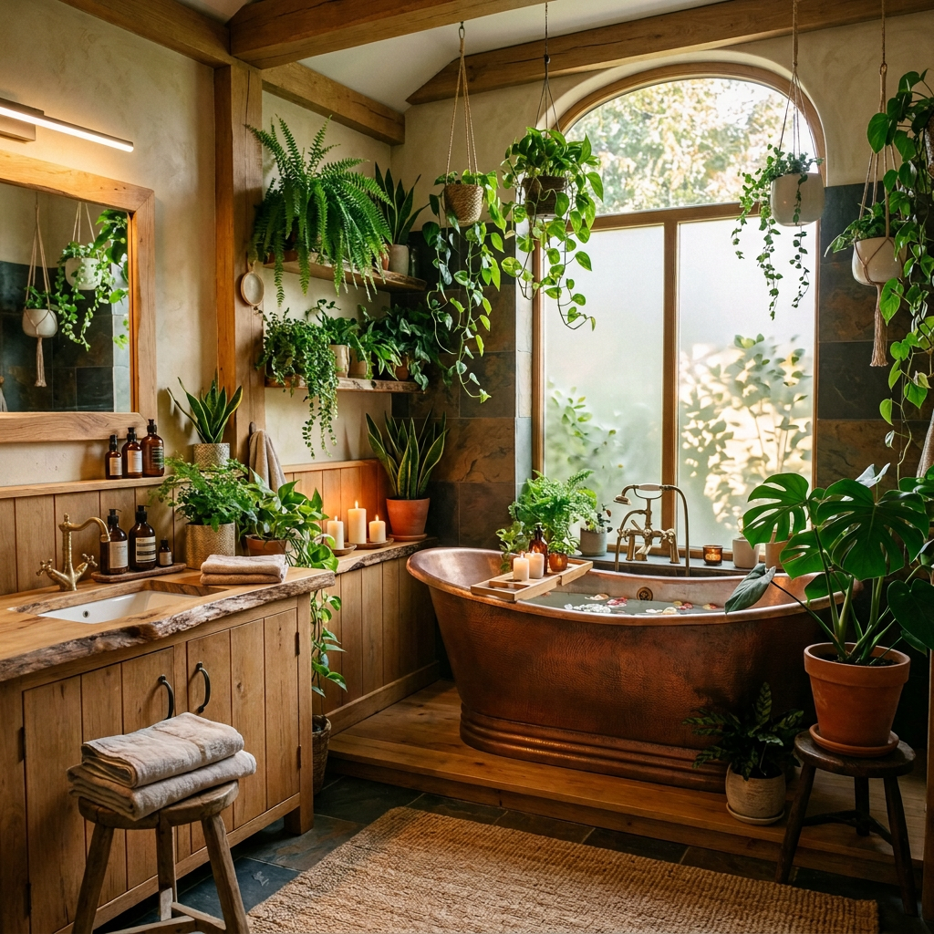 Bathroom with copper bathtub, numerous plants, candles, wooden cabinets, and a large frosted window