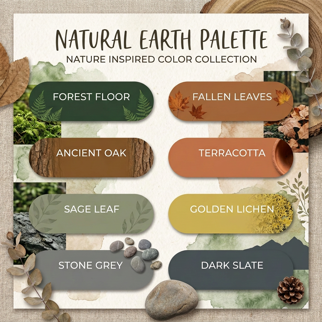 Natural earth palette with eight colors and hex codes inspired by nature elements