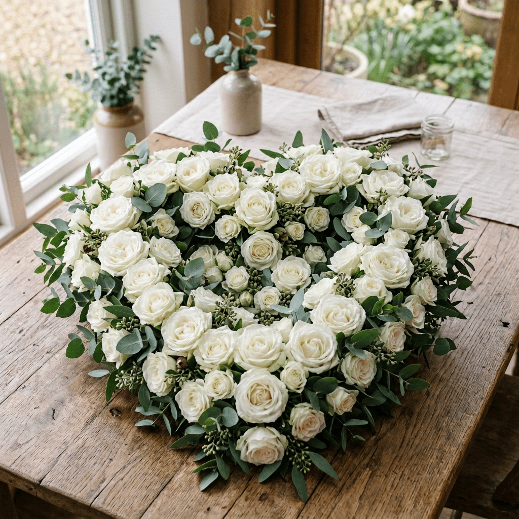 Heart-shaped wreath of white roses and green leaves on wooden table
