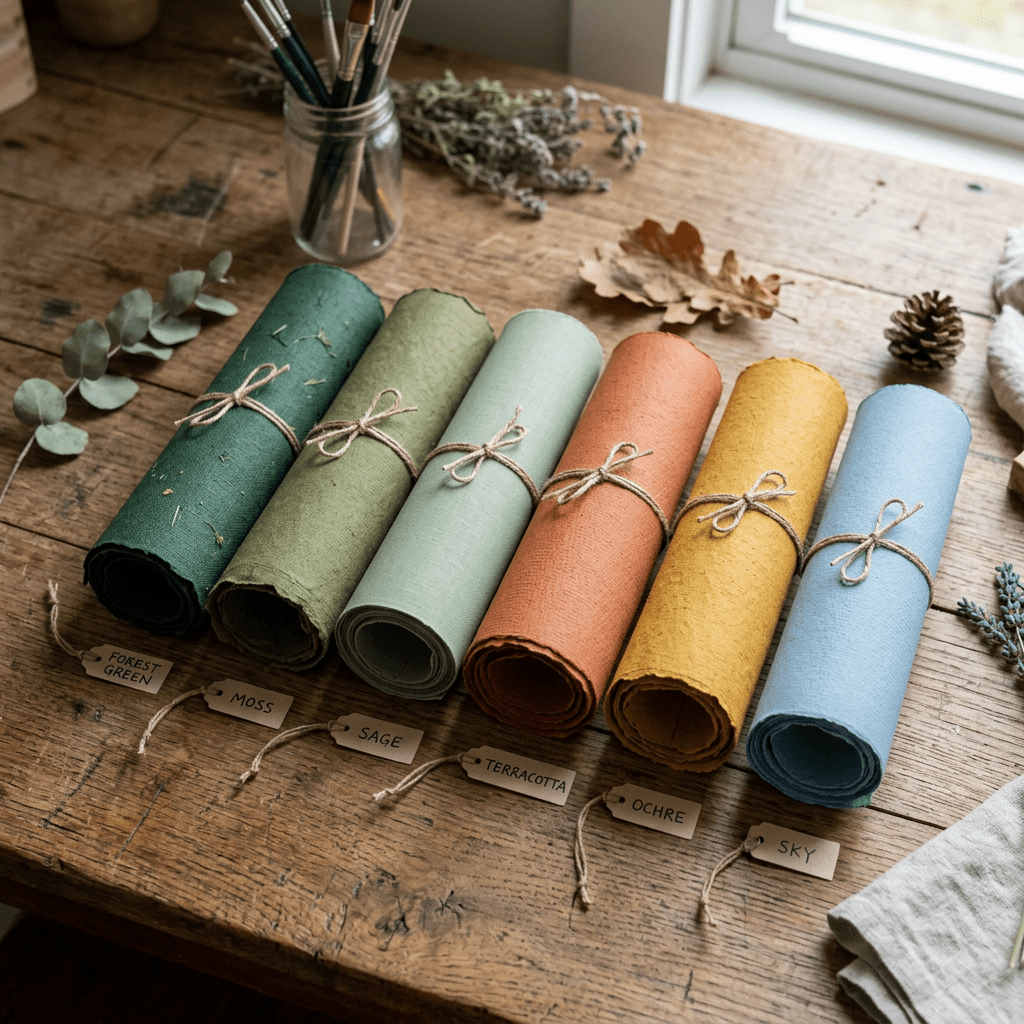 Rolled fabric samples labeled Forest Green, Moss, Sage, Terracotta, Ochre, and Sky