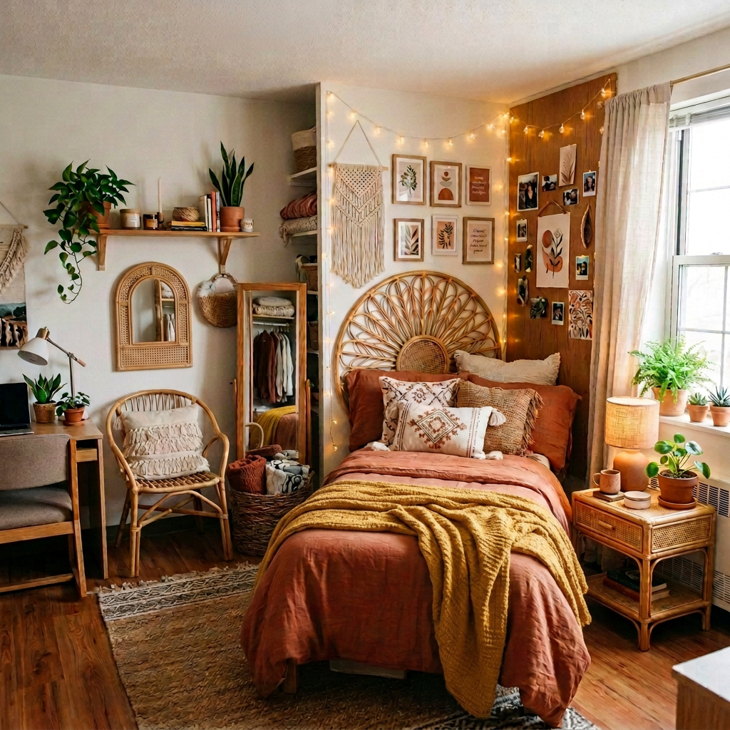 Boho-style bedroom with rattan furniture, warm orange bedding, and string lights