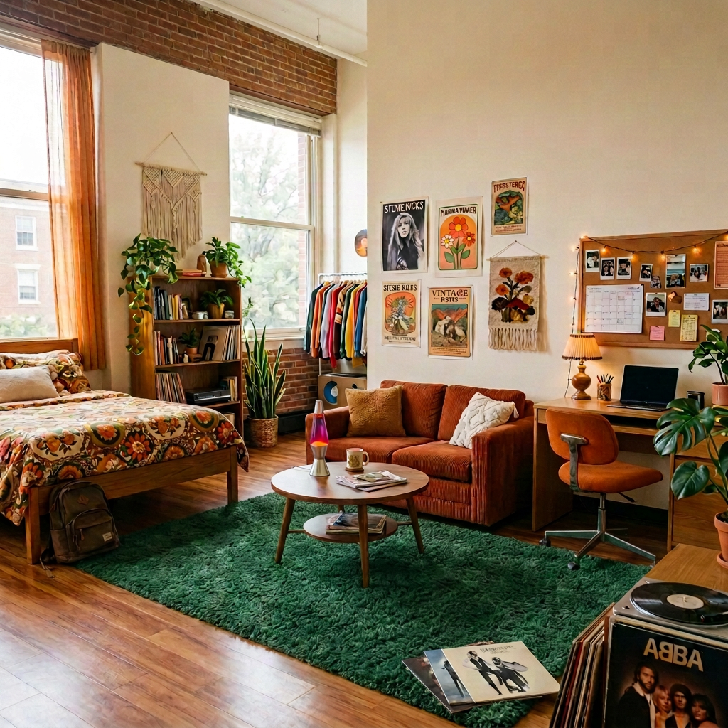 Dorm room with bed, couch, desk, and vintage decorations.