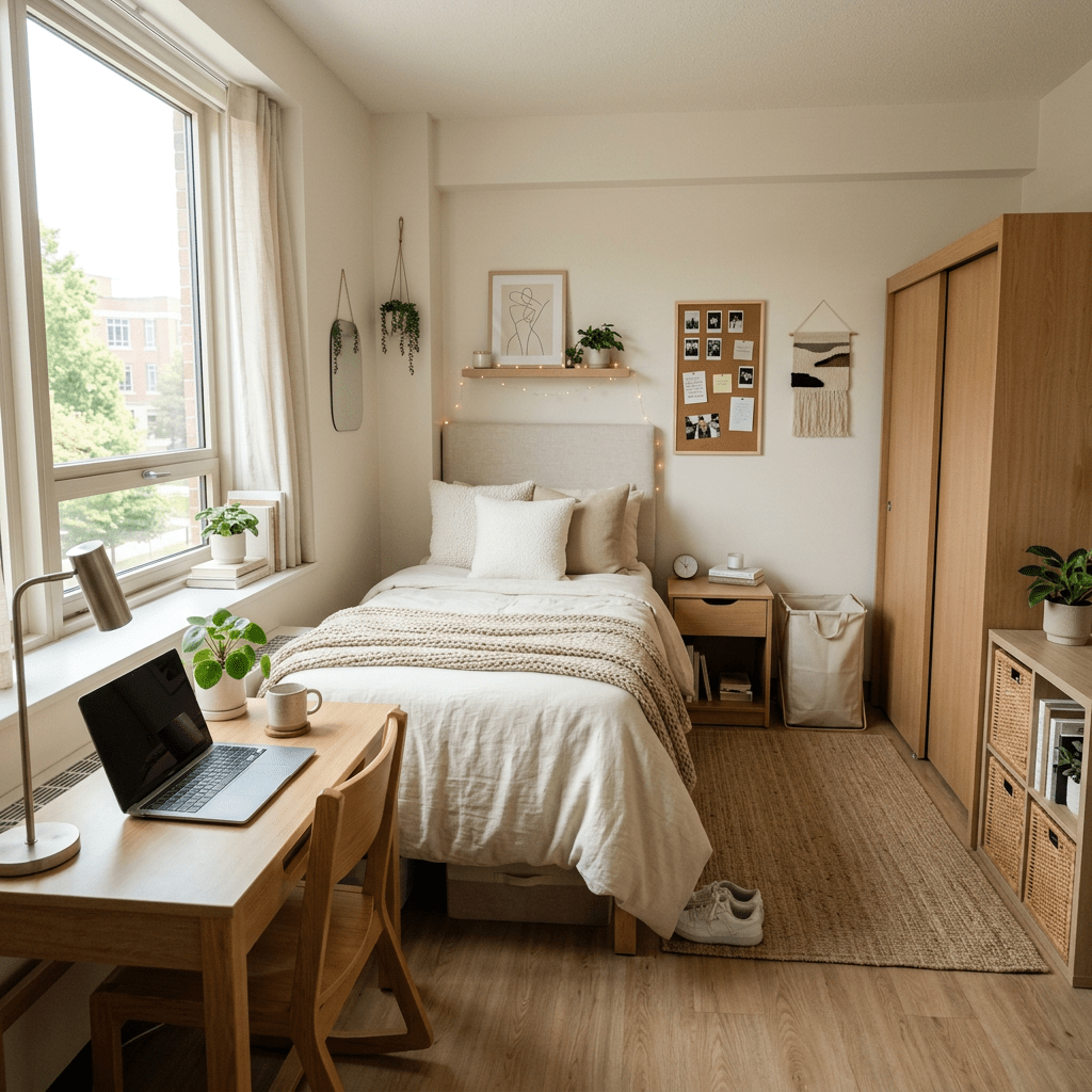 Cozy bedroom with bed, desk, plants, and wooden furniture in natural light.