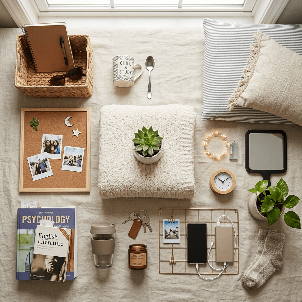 Study and relaxation items including books, notebook, mug, plant, clock, mirror, charger, and socks on a bed
