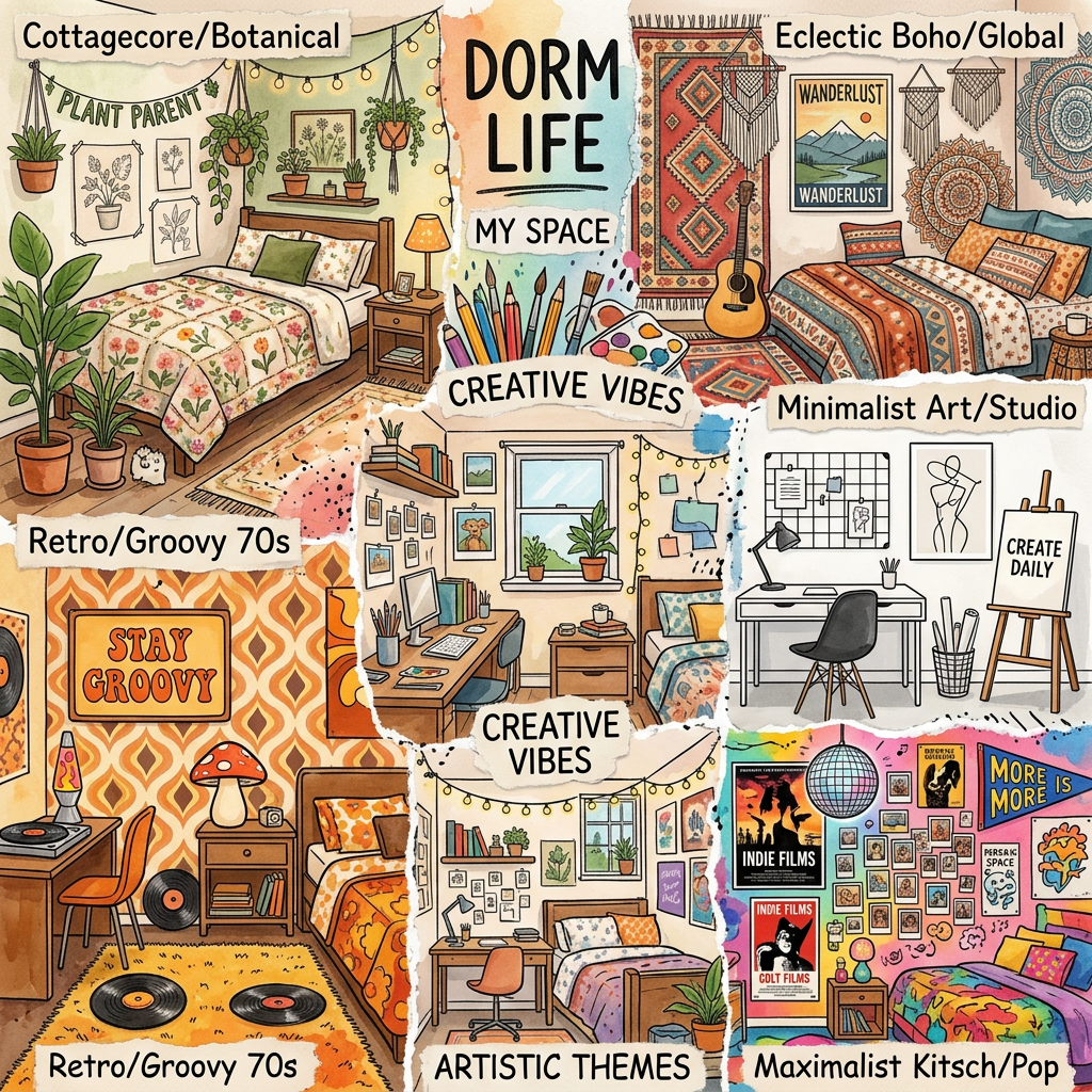 Collage of dorm room decor styles including cottagecore, boho, retro 70s, minimalist art studio, artistic themes, and maximalist kitsch.