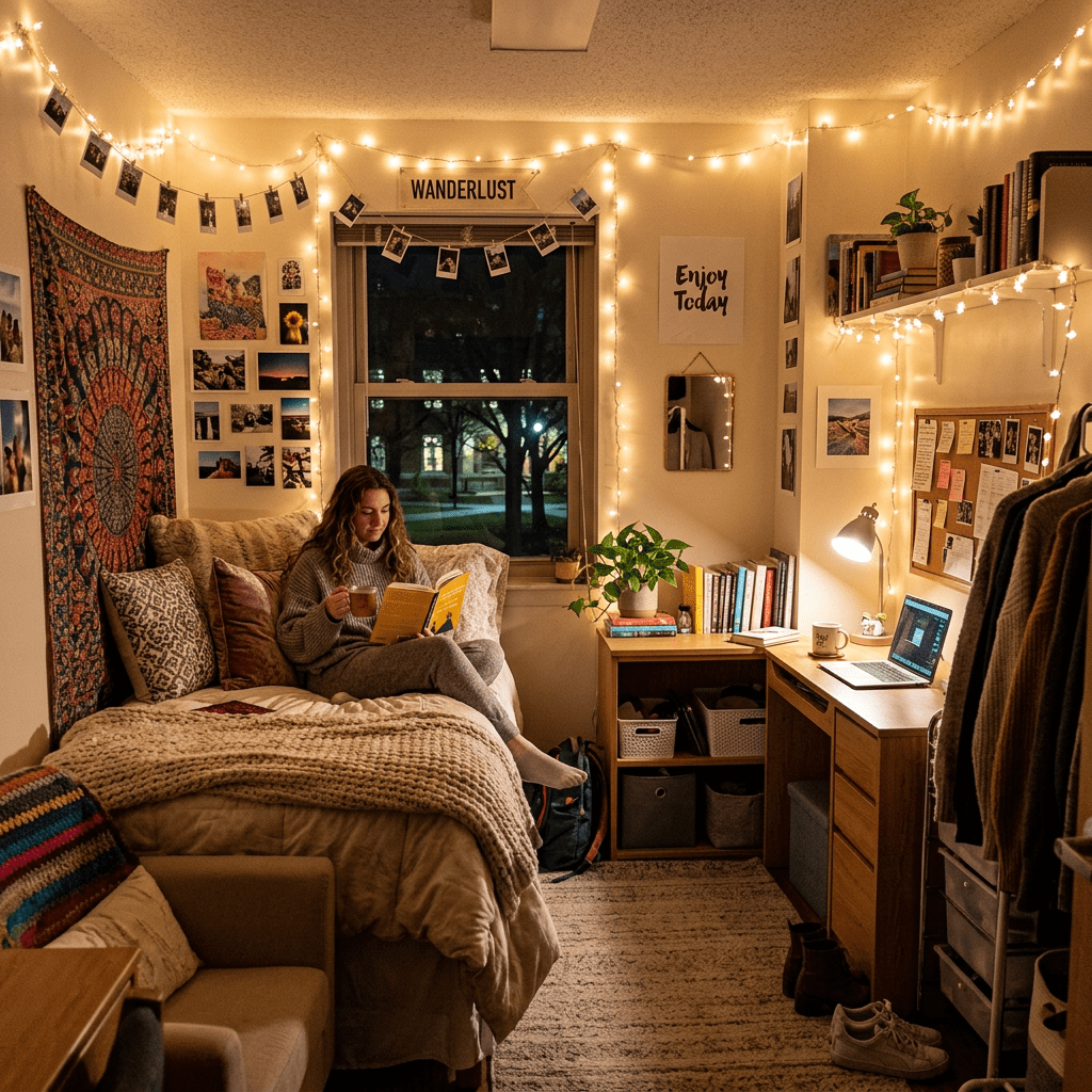 Student sitting on bed reading book with string lights and desk setup in dorm room
