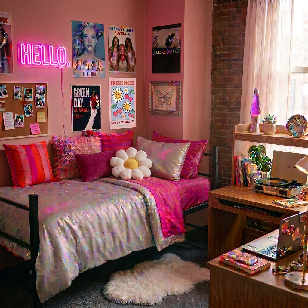 Dorm room with pink and silver bedding, retro posters, a lava lamp, and a desk with a record player.