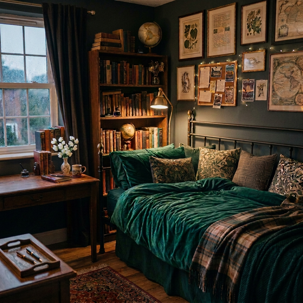 Young woman reading a book on a bed covered with green velvet and plaid blankets in a vintage-style bedroom with bookshelves and framed art.