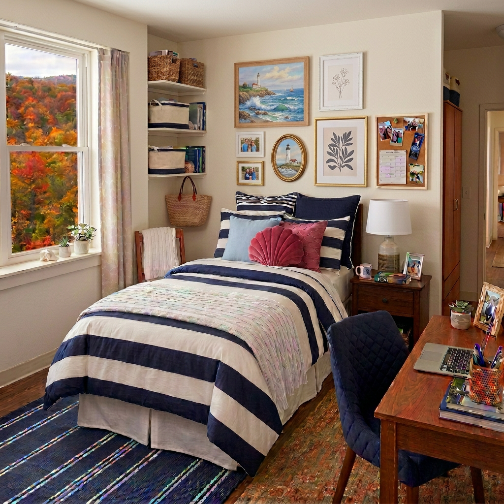 Dorm room with navy and white striped bedding, framed beach photos, Yale pennant, and ocean view.