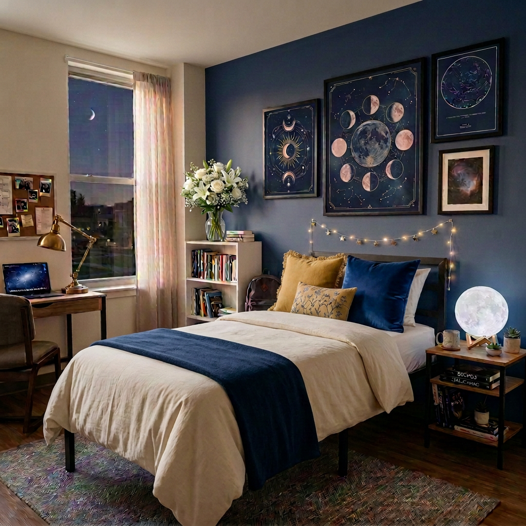 Bedroom with moon phase posters, star string lights, celestial pillows on bed, and a globe on nightstand