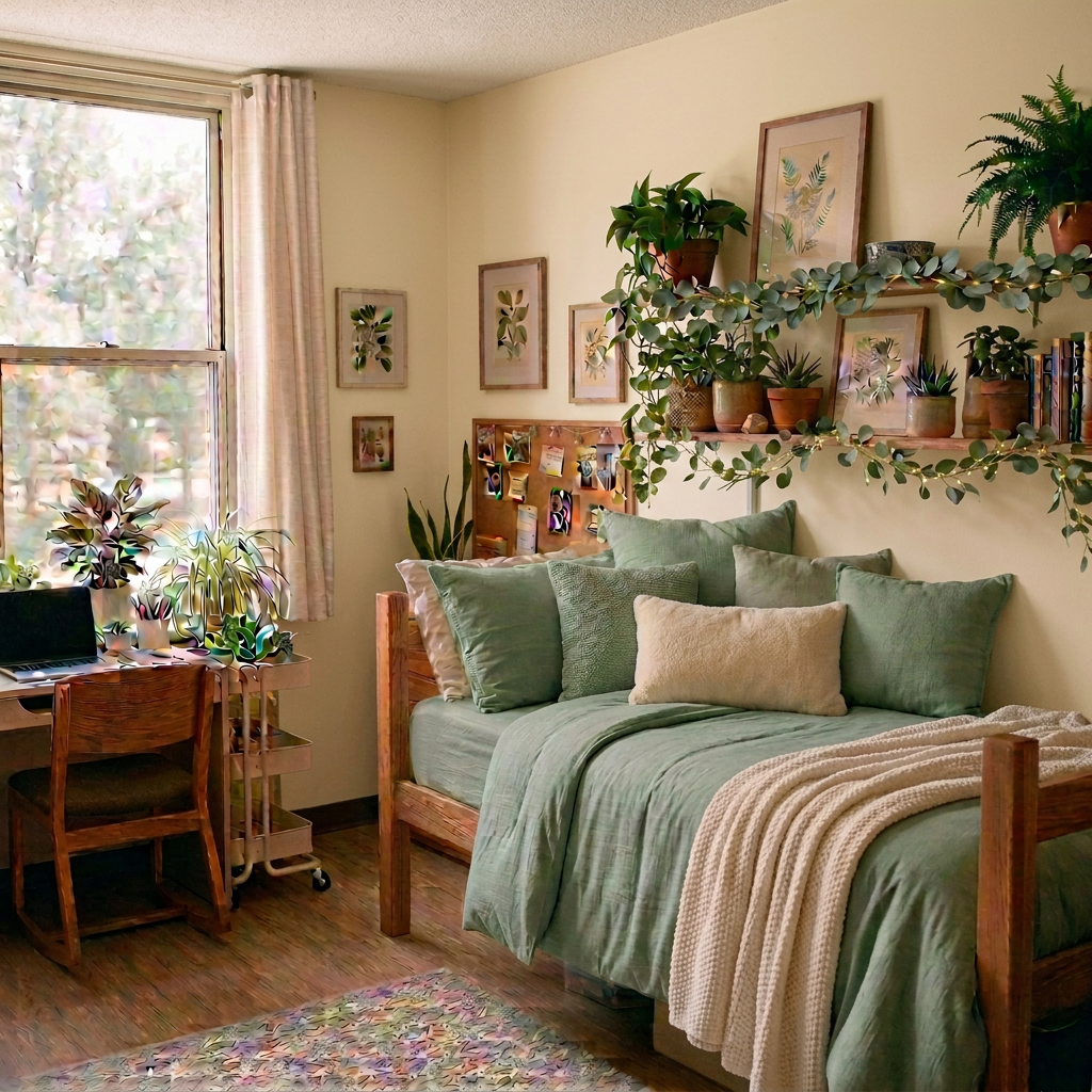 Dorm room bed and desk surrounded by green plants and botanical prints