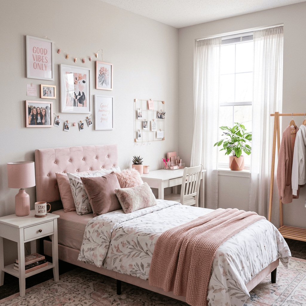 Bedroom with pink tufted bed, floral bedding, fluffy pillows, nightstand with lamp and mug, small desk by window, and clothes rack.