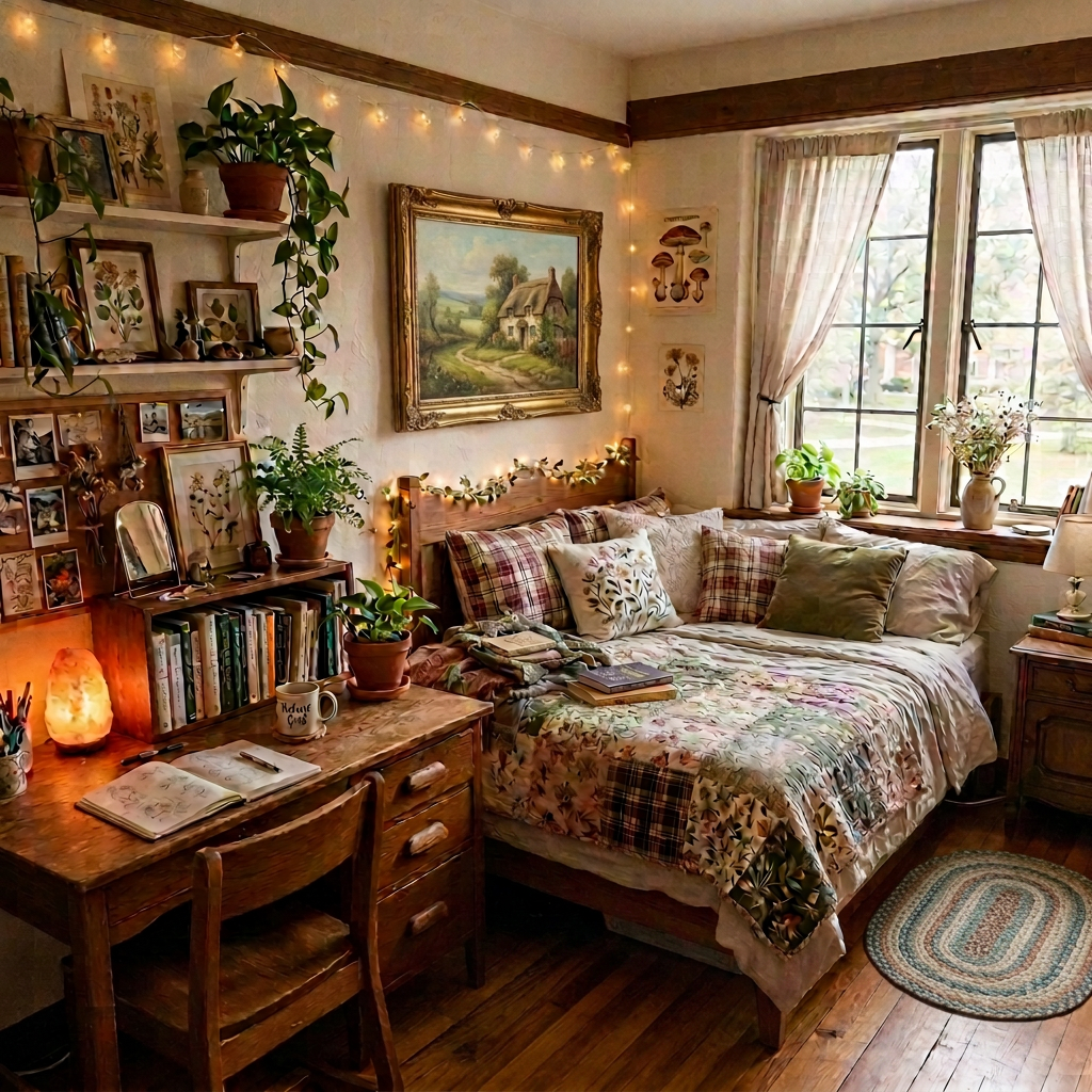 Young woman reading on a bed with plants and nature-themed decor