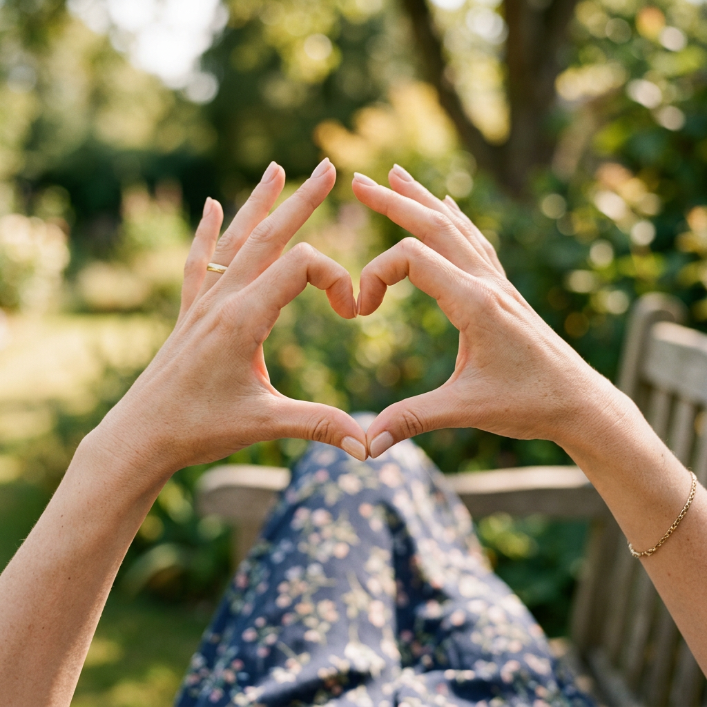Hands forming a heart shape against a blurred garden background