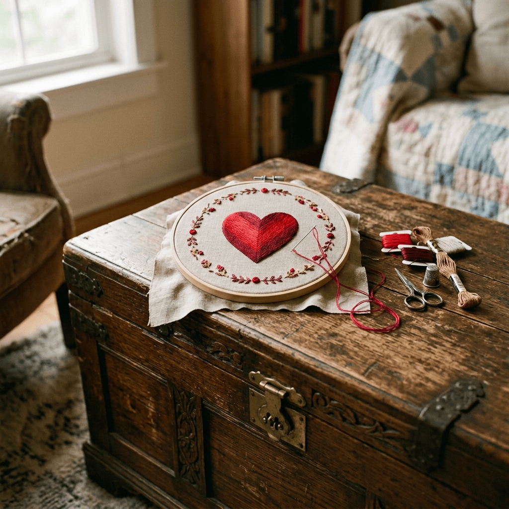 Embroidery hoop with a stitched anatomical heart surrounded by floral designs on fabric