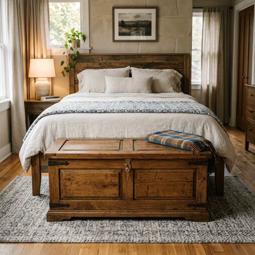 Bedroom with wooden bed, beige bedding, wooden chest with plaid blanket, bedside lamp, and houseplant