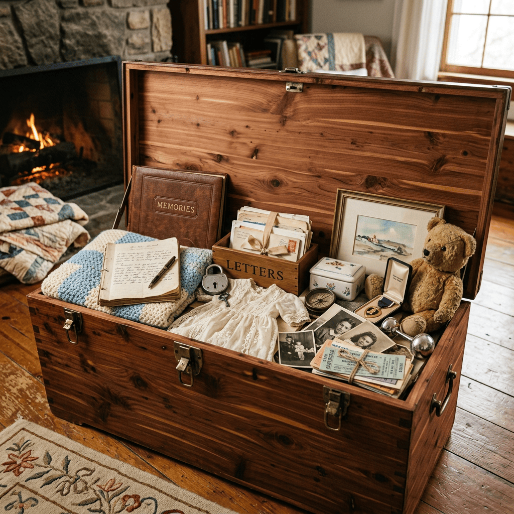 Wooden chest filled with photo albums, letters, old photographs, a teddy bear, and personal keepsakes