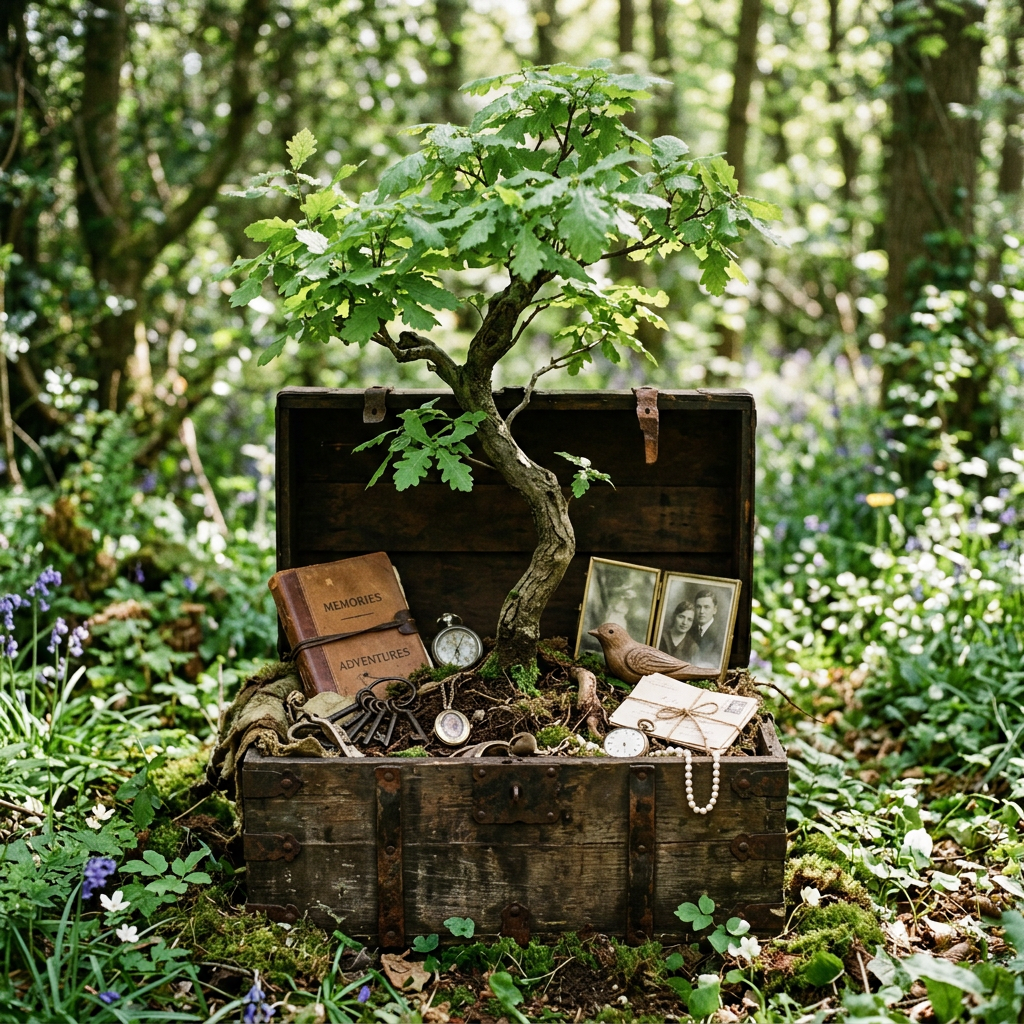 Open wooden chest with bonsai tree, vintage photos, books, keys, pocket watches, and letters in forest setting