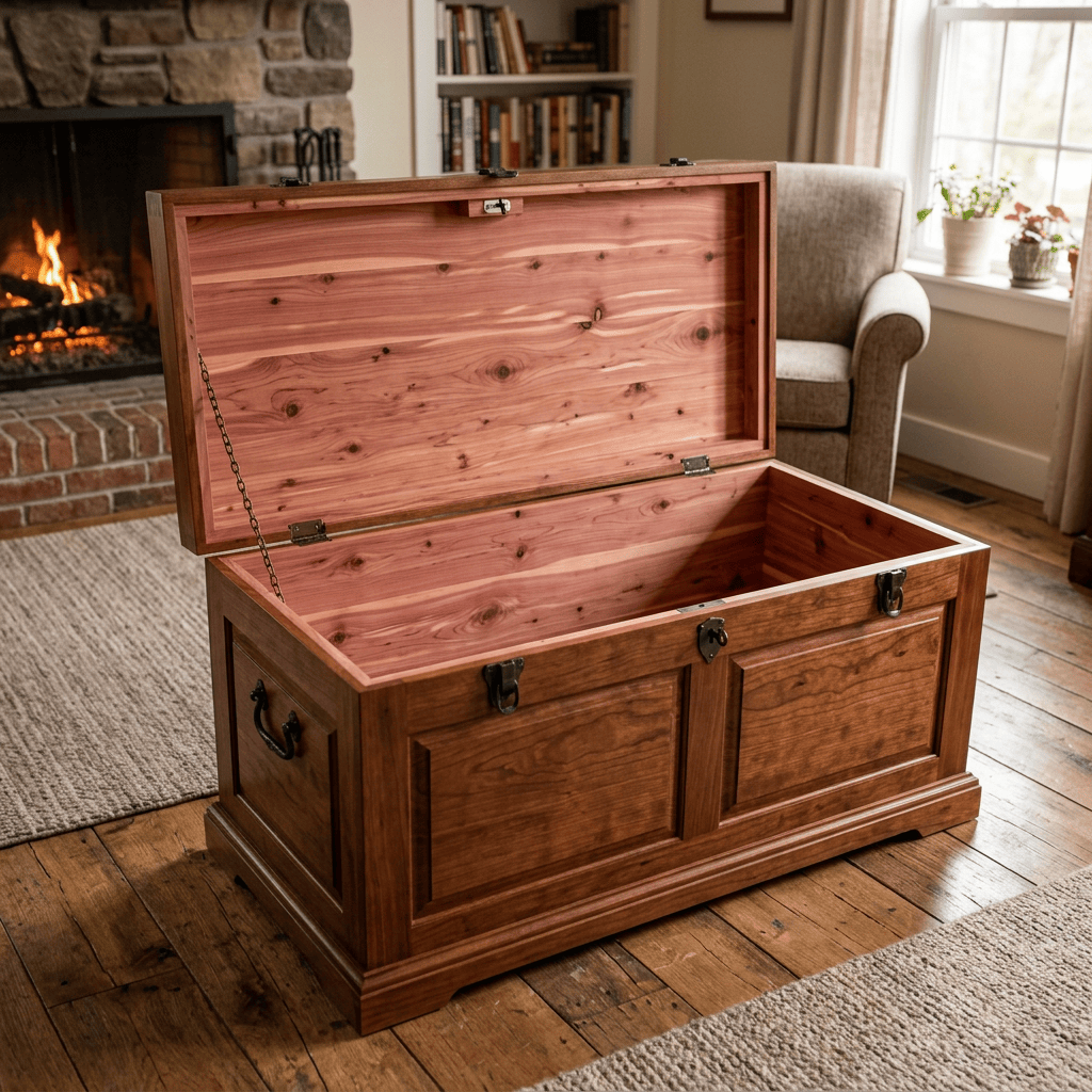 Open wooden storage chest with cedar interior in living room.