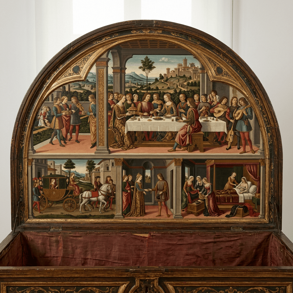 Renaissance chest lid with detailed paintings of a wedding feast, procession, and intimate scenes