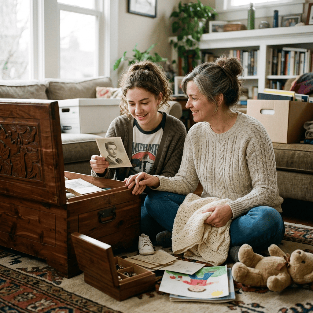 Mom and teen organizing hope chest keepsakes