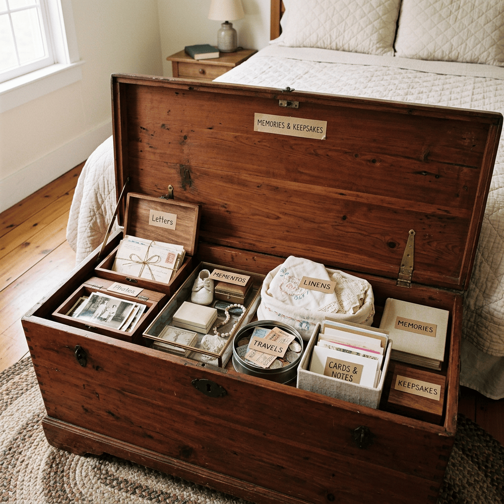 Hope chest with organized keepsakes and containers