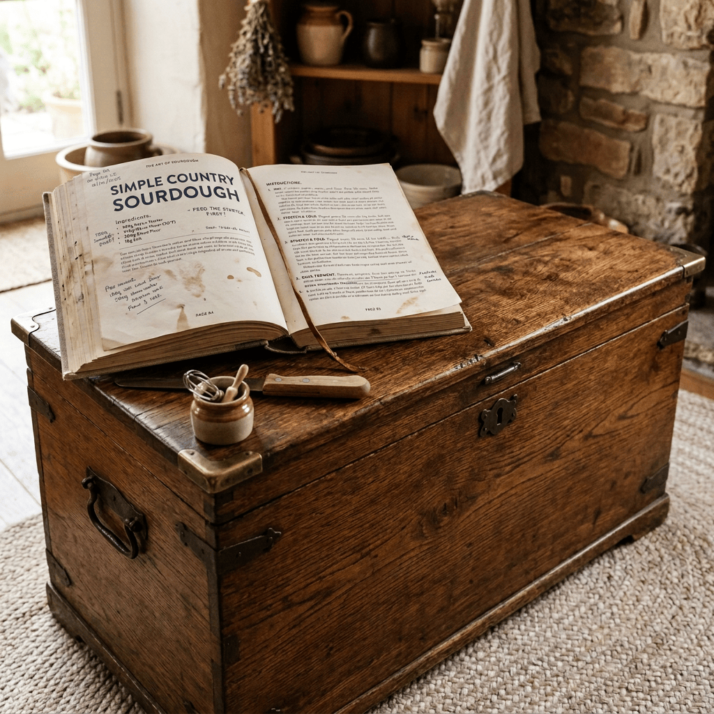 Open book with sourdough bread recipes on a wooden chest with kitchen utensils