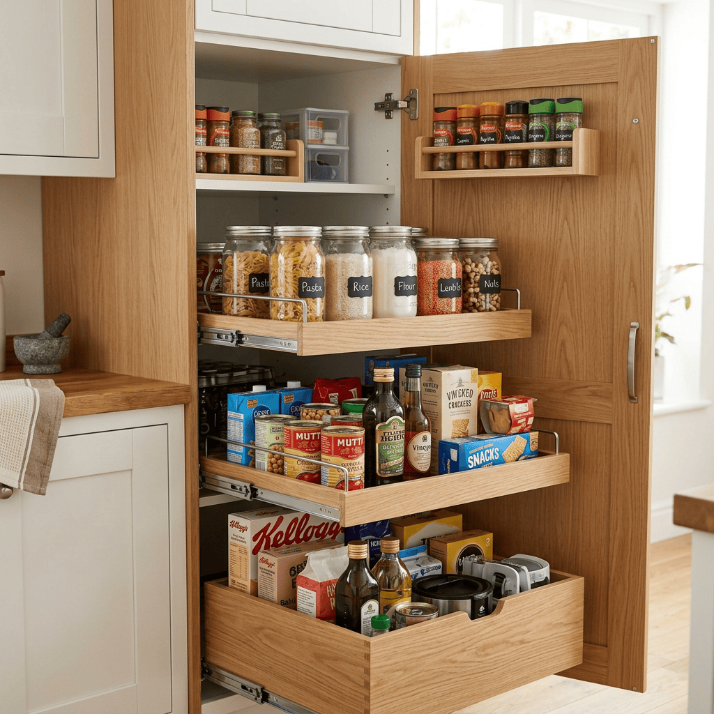 Open kitchen pantry with labeled jars containing pasta, rice, flour, lentils, and nuts on pull-out shelves