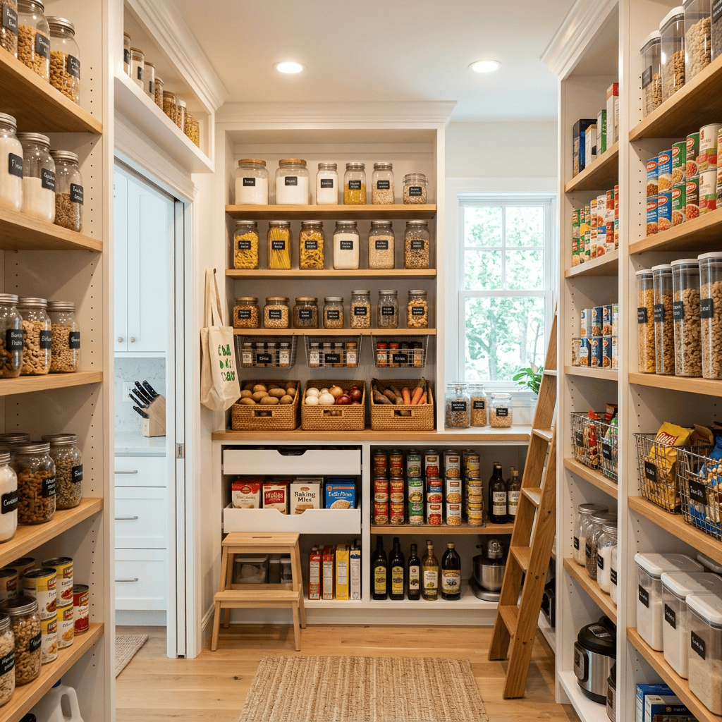Kitchen pantry with shelves of labeled jars, baskets of vegetables, canned goods, and bottles.