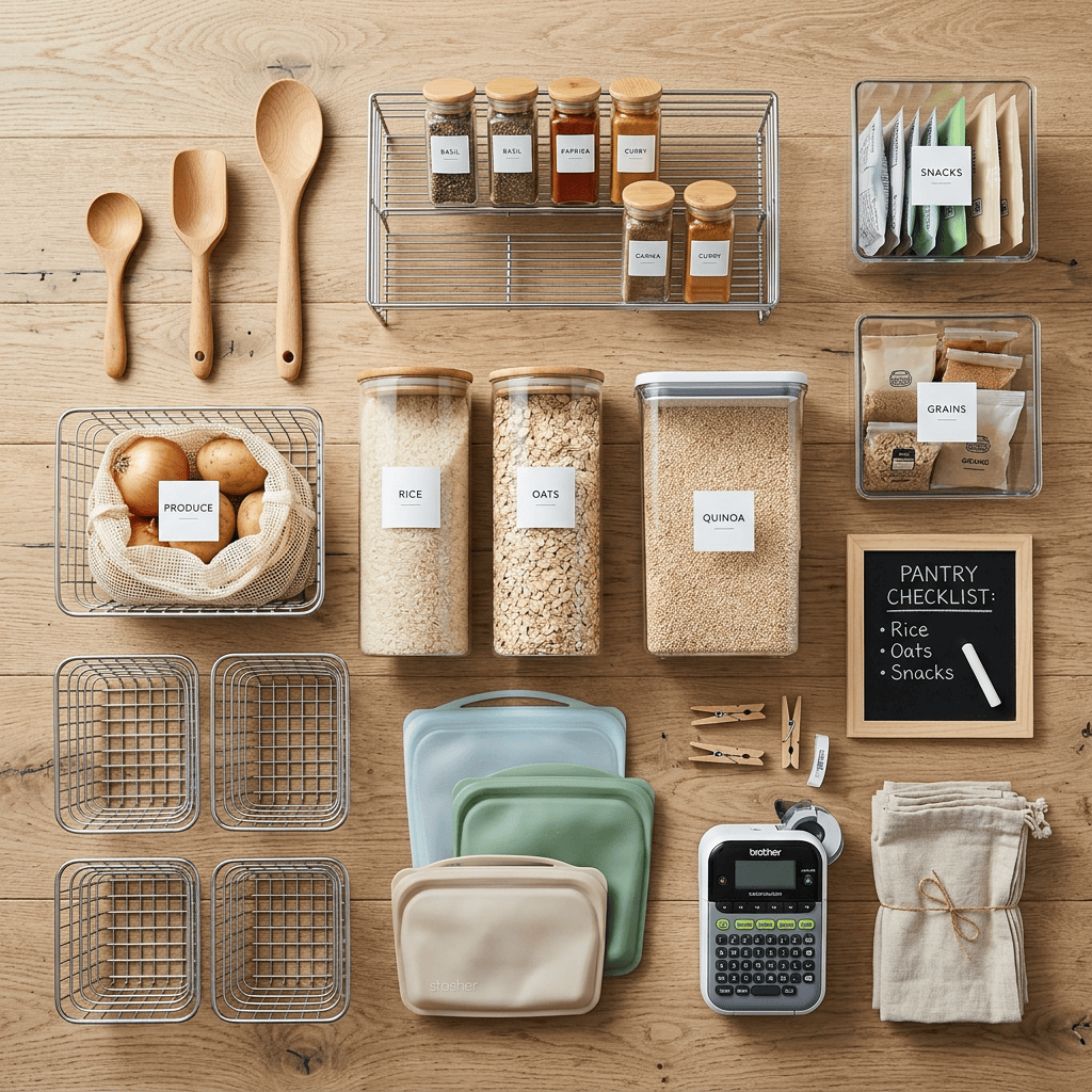 Labeled pantry containers with rice, oats, quinoa, spices, produce, snacks, grains, and storage items
