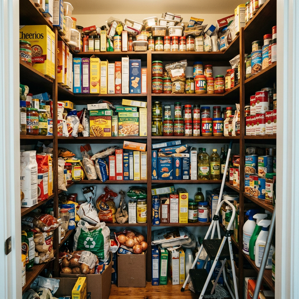 Shelves of pantry stocked with cereals, jars, canned goods, and cleaning supplies