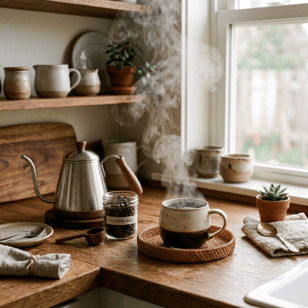 Pour-over coffee brewing into a ceramic mug on a wooden kitchen counter