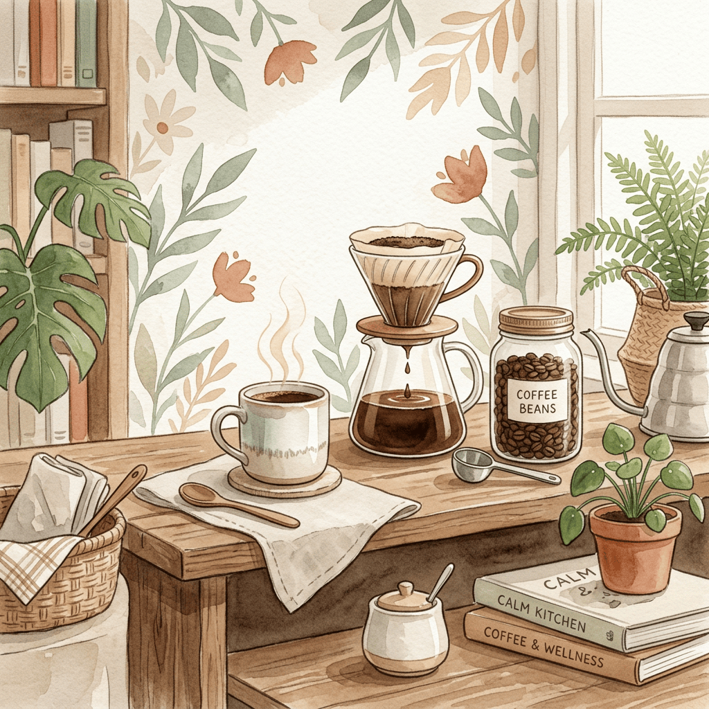 Illustrated coffee station with brewing equipment, plants, books, and steaming cup