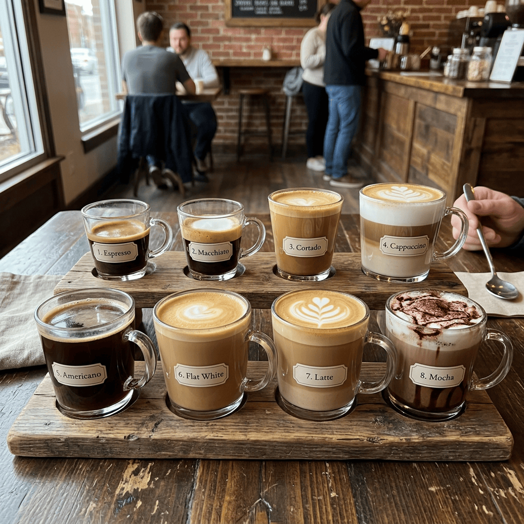 Eight labeled coffee drinks: espresso, macchiato, cortado, cappuccino, Americano, flat white, latte, and mocha