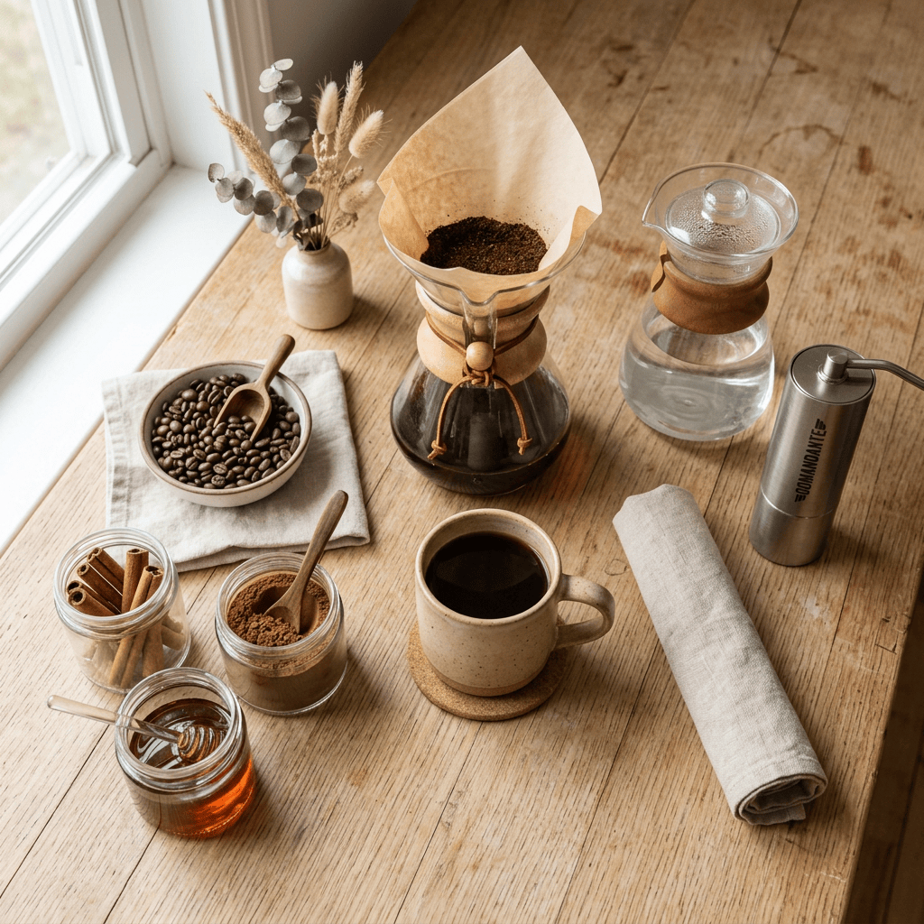 Pour-over coffee setup with beans, spices, honey, and mug