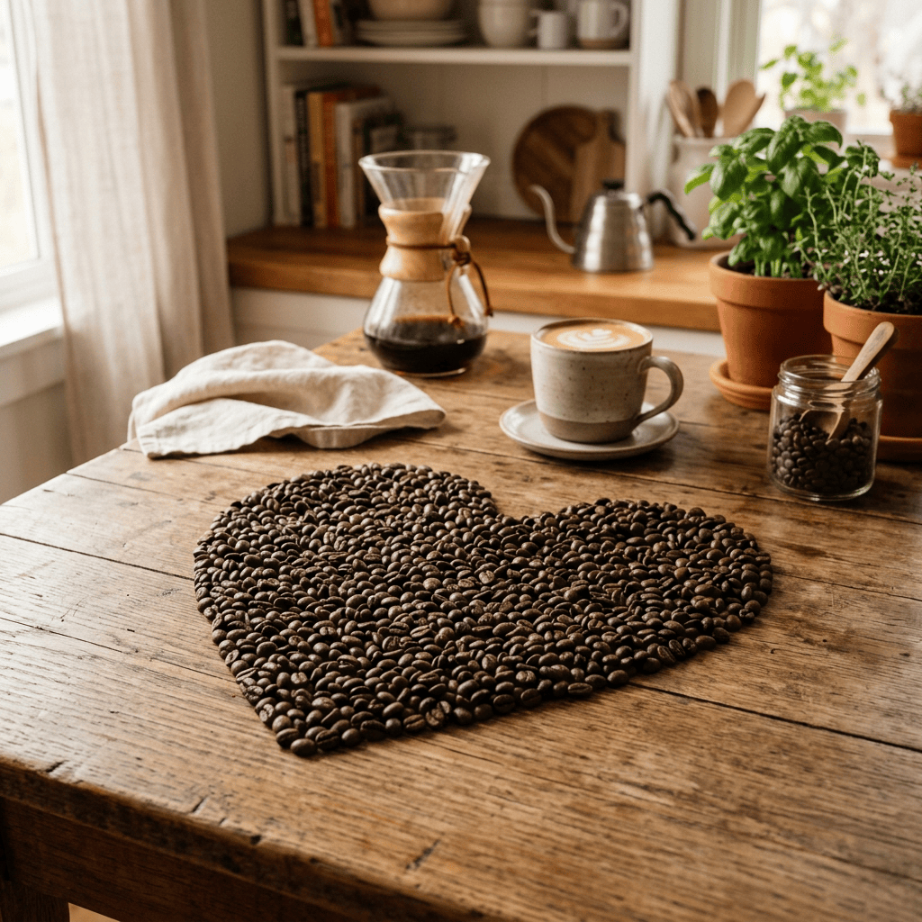 Heart made of coffee beans beside brewed coffee and a pour-over carafe