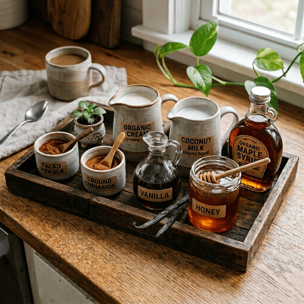 Rustic coffee tray with labeled milks, spices, honey, and maple syrup